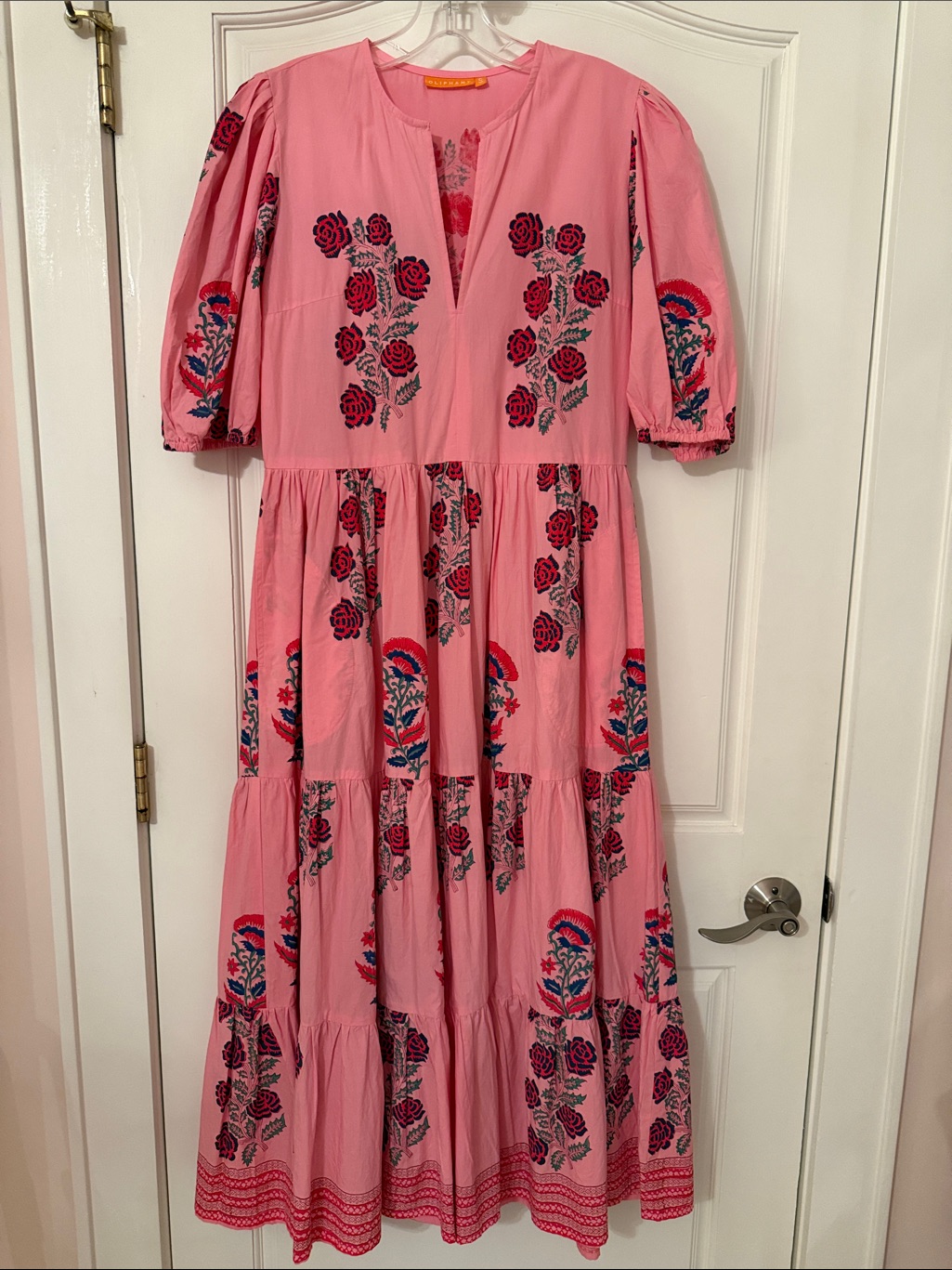 Oliphant Beautiful Pink Puff Sleeve 100% Cotton Maxi Dress, Like New